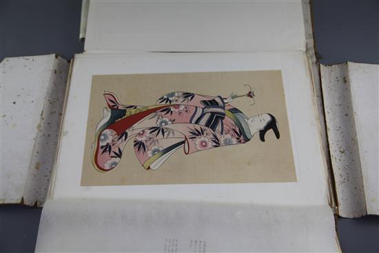 An album of nine Japanese watercolours and a quantity of prints after well known Japanese woodblock print artists, each 27 x 24cm